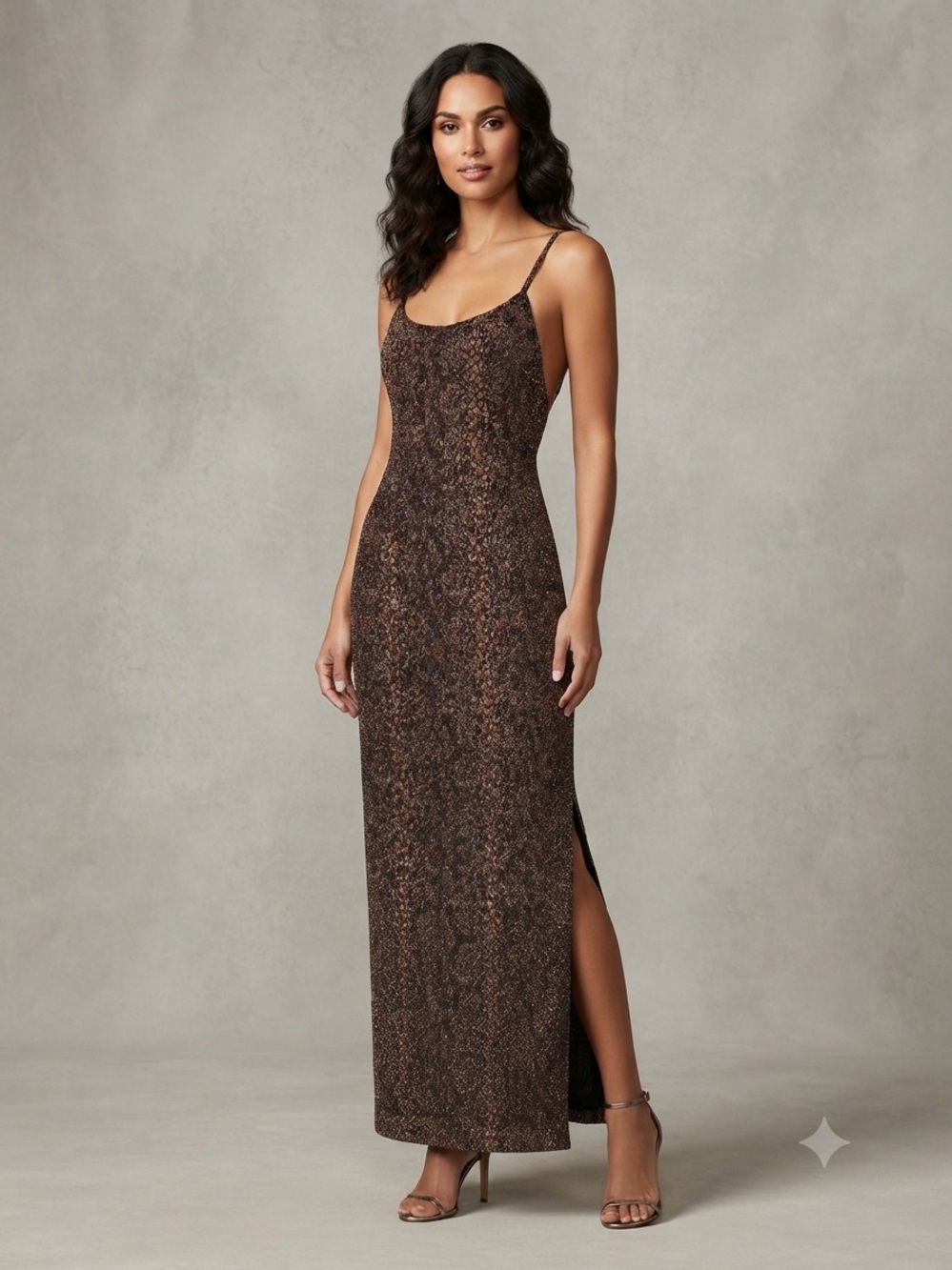 Morgan and Co. by Linda Bernell Snakeskin Print Shimmer Gown Size 5/6 Backless